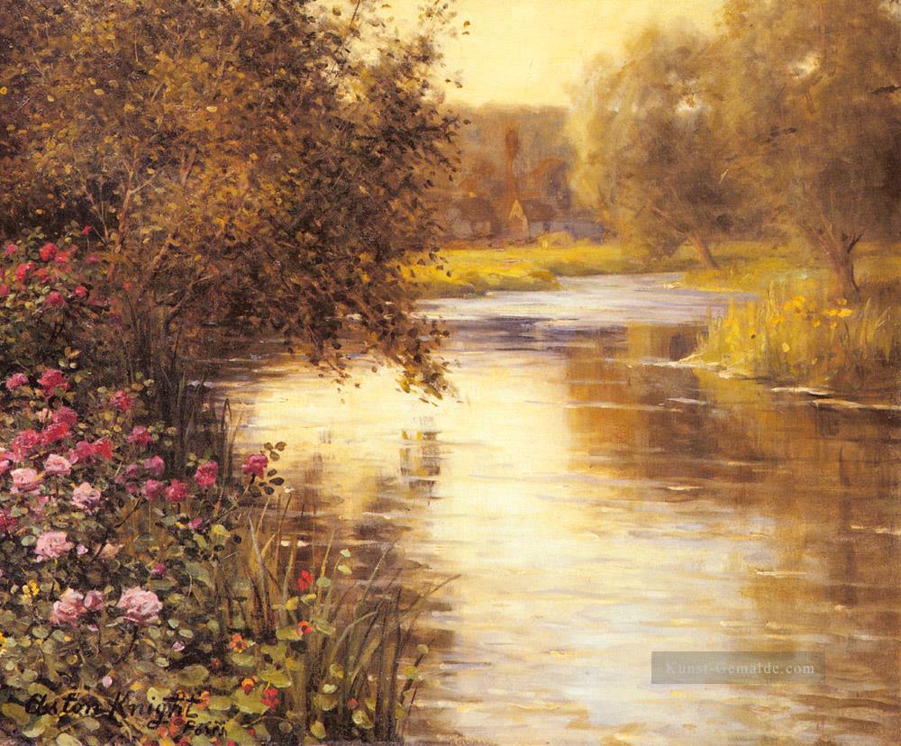 Frühlingsblüten entlang einem mäandernden Fluss Louis Aston Knight Ölgemälde